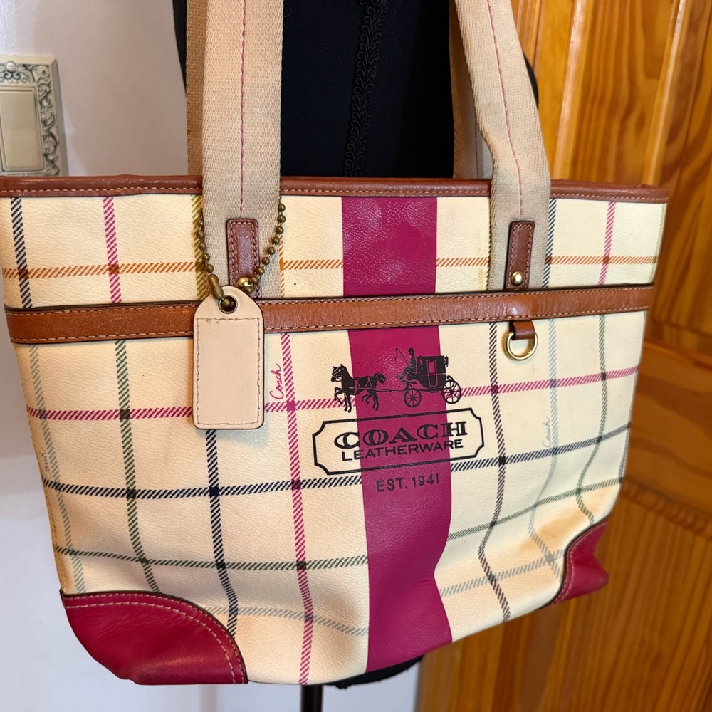 Coach Women's Plaid Tote Bag - Cream and Pink